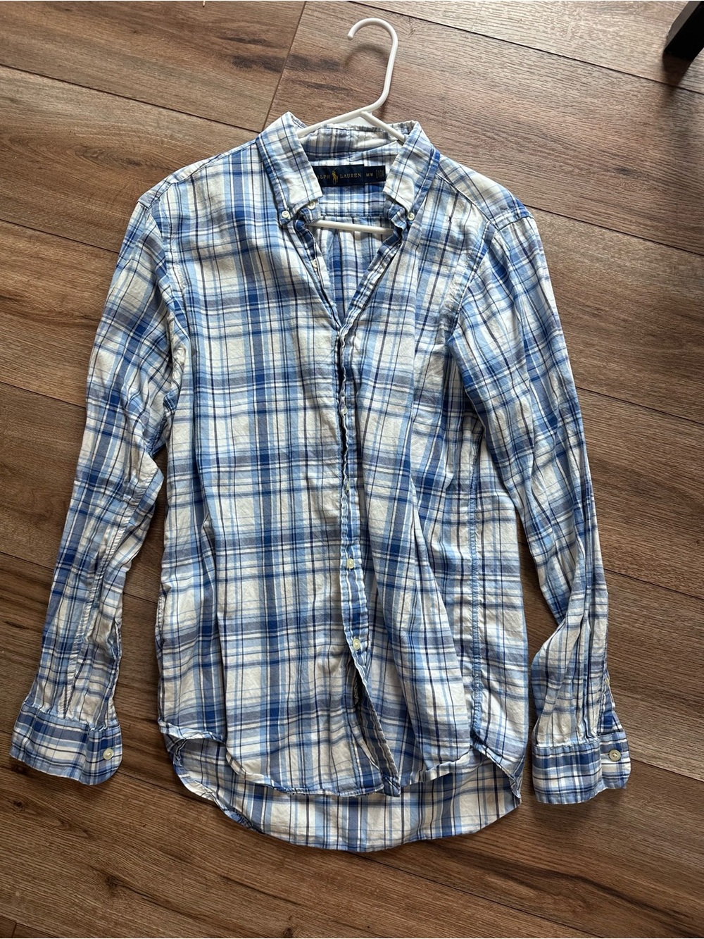Ralph Lauren Men’s Blue and White Plaid Button-Down Shirt. Medium.